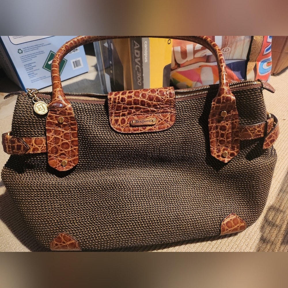 Eric Javits Brown Satchel with Crocodile-Embossed Trim